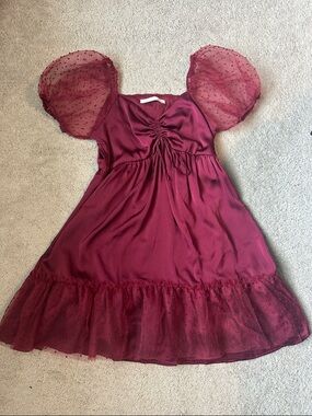 Altar'd State Ruched Wine puff sleeve dress